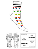 The Crew Sock - White - Body Lab - 2 Stripes - Logo Over Stripes - Printed - Black - Hearts Full Color Printed - Hexagon Grip - Black