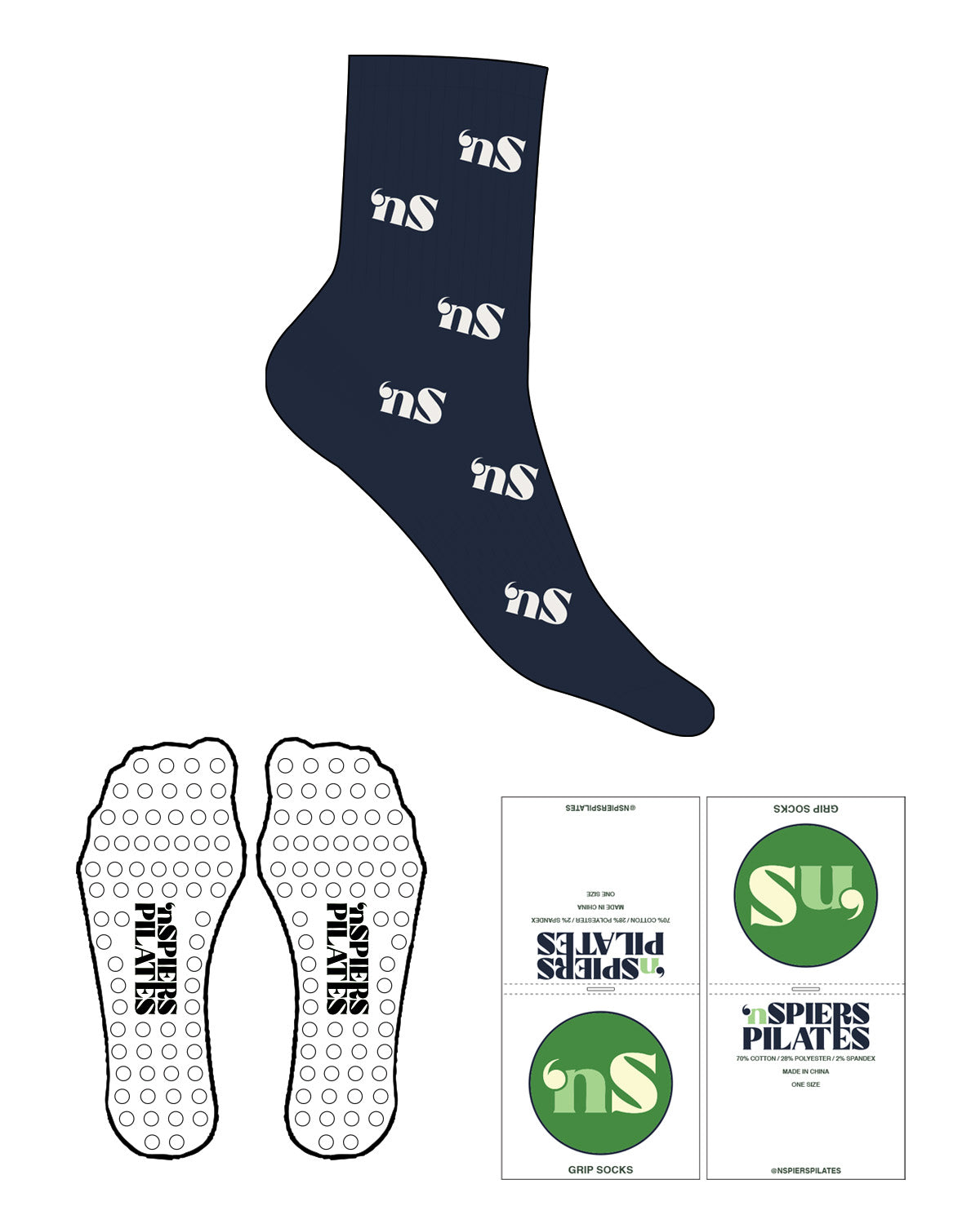 The 3/4 Crew Sock - Navy Blue - NSpiers - Full Sock Logo - Cloud Dancer - Circle Grip - Transparent