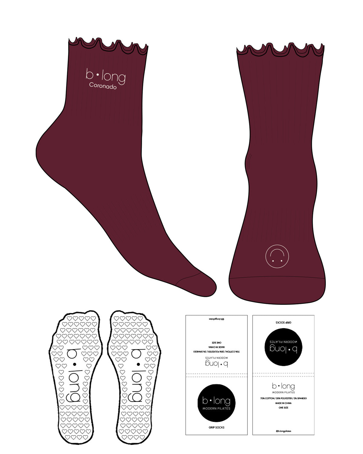 The 3/4 Crew Sock - Wine D146 - B Long Pilates - Top "Coronado" & Front Logo - Embroidered 21 & Printed L118 - Off White - Heart Shape Grip - Transparent