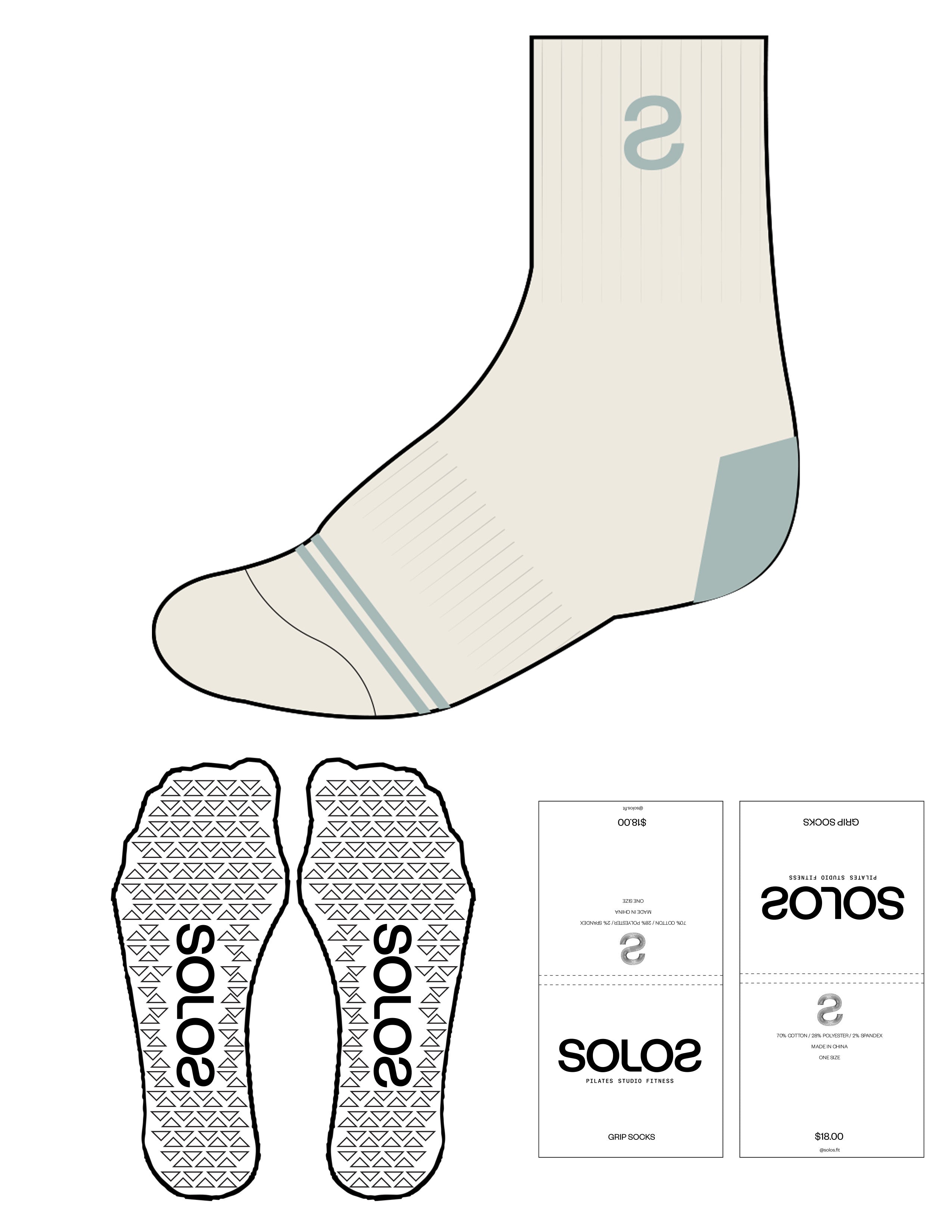 The 3/ 4 Crew Sock  - Off White - Solos Pilates - Top S - Bottom Border - Solos Blue - Triangle Grip - Transparent