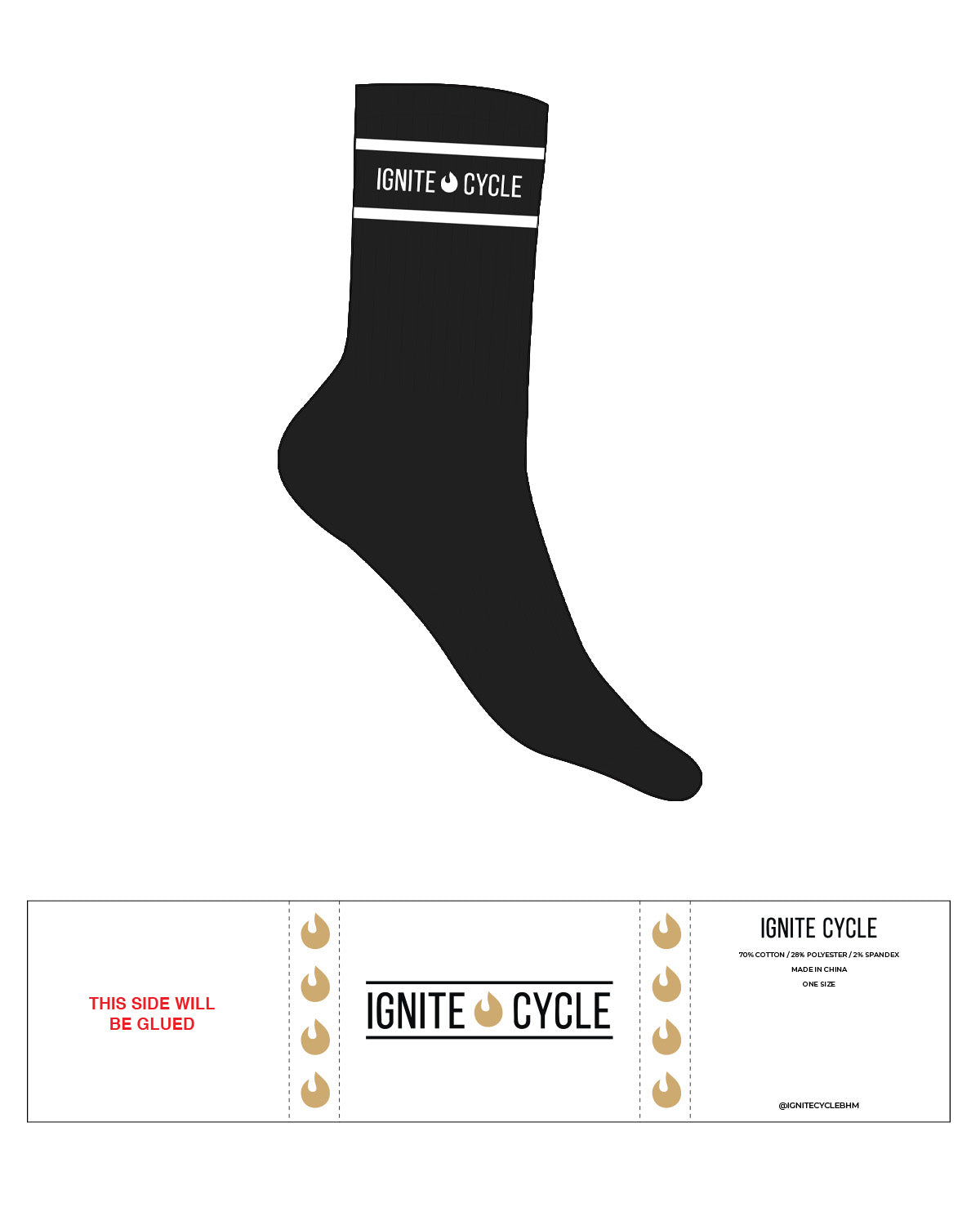 The Crew Sock - Black - Ignite Cycle - Top - Text & Icon In Between Border Lines - White