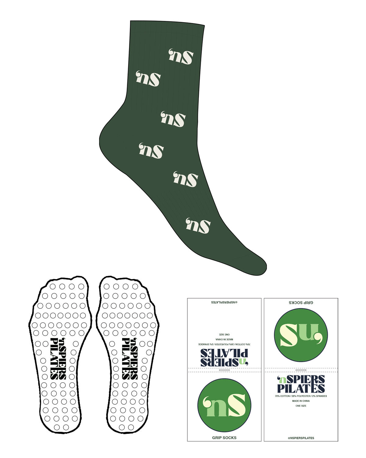 The 3/4 Crew Sock - Forest - NSpiers - Full Sock Logo - Marshmallow - Circle Grip - Transparent
