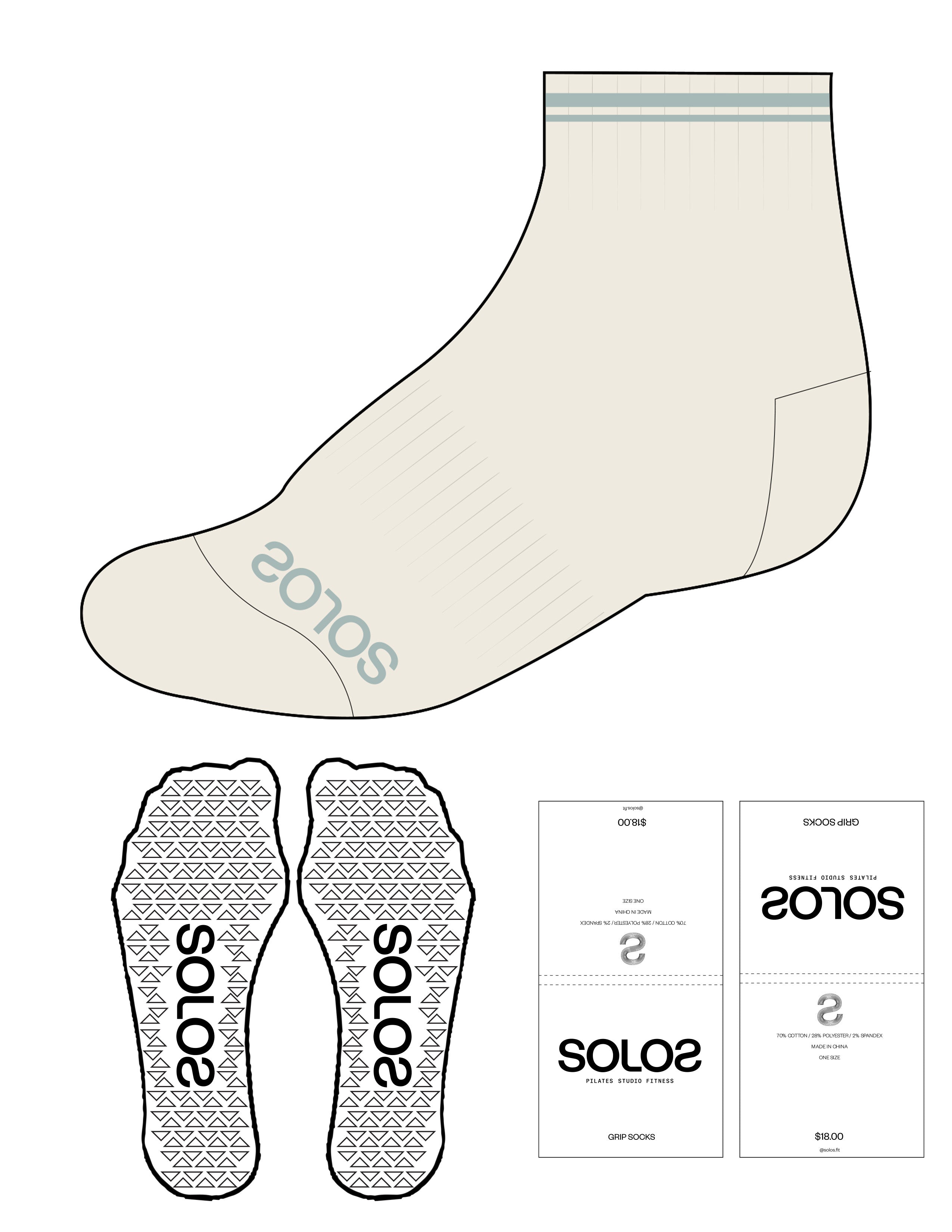 The 1/2 Crew Sock - Off White - Solos Pilates - Top 2 Border Lines - Bottom Text - Blue - Triangle Shape Grip - Transparent