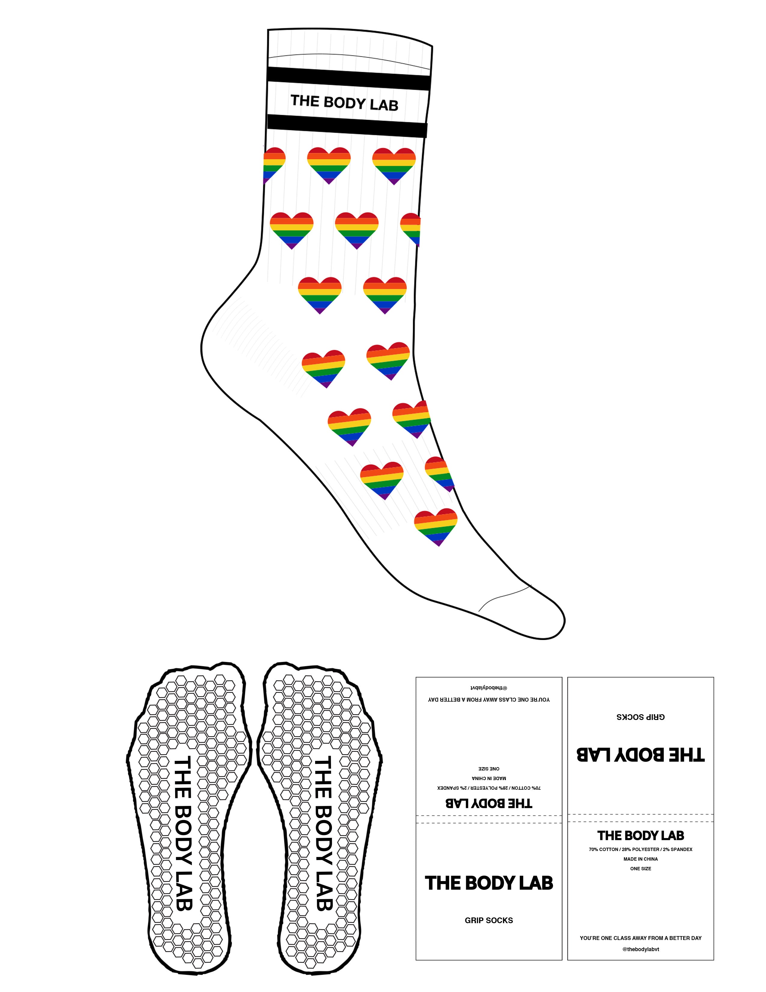 The Crew Sock - White - Body Lab - 2 Stripes - Logo In Between Stripes - Printed - Black - Hearts Full Color Printed - Hexagon Grip - Black