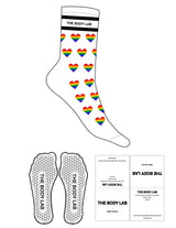 The Crew Sock - White - Body Lab - 2 Stripes - Logo In Between Stripes - Printed - Black - Hearts Full Color Printed - Hexagon Grip - Black
