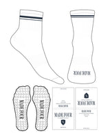 The 1/2 Crew Sock - White - M4Lagree - 3 Strips - Front Logo "MADE FOUR" - Navy #D50 - Circle Shape Grip - Navy #D50
