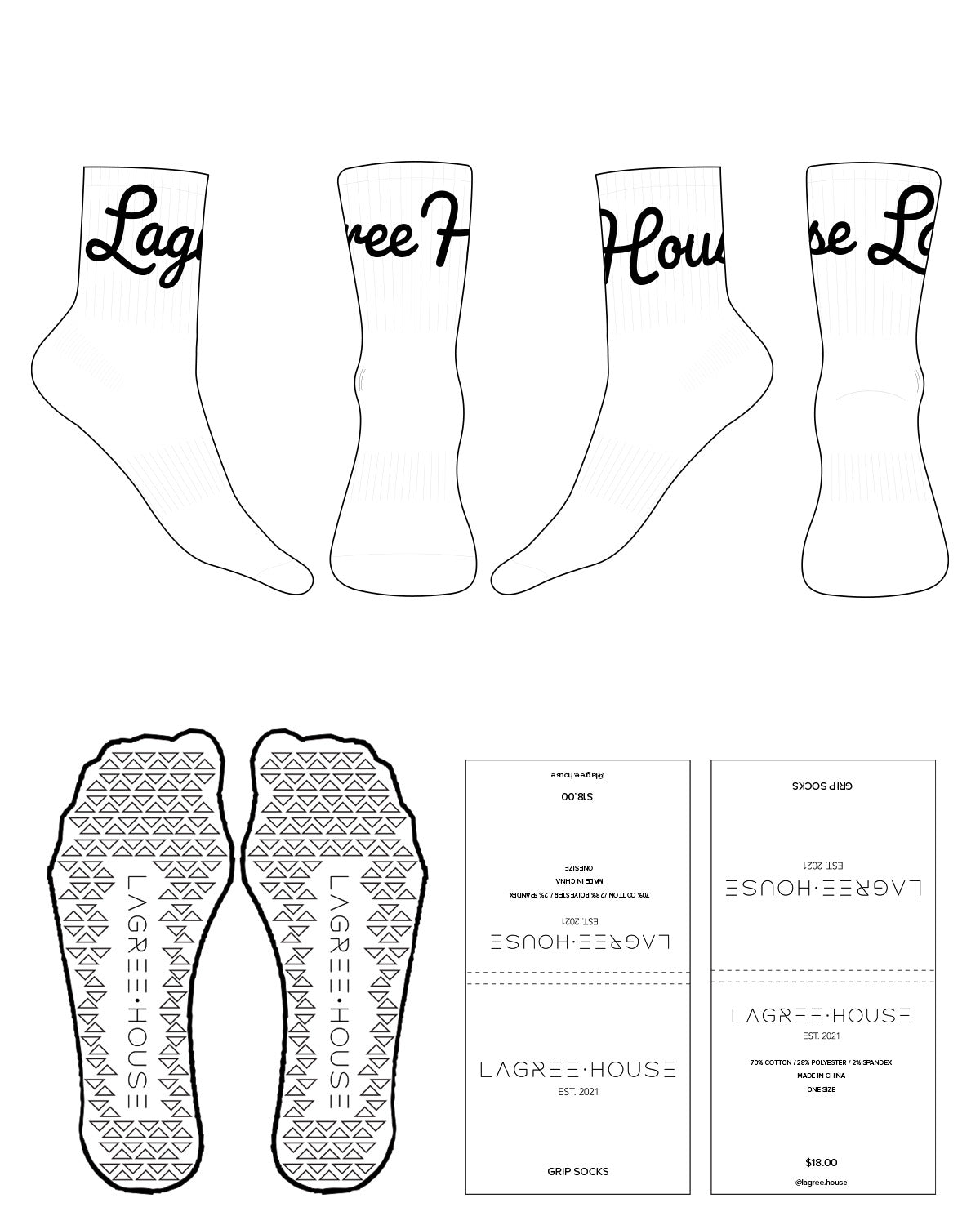 The 3/4 Crew Sock - White - Lagree House - Top Logo - Black - Triangle Shape Grip - Black