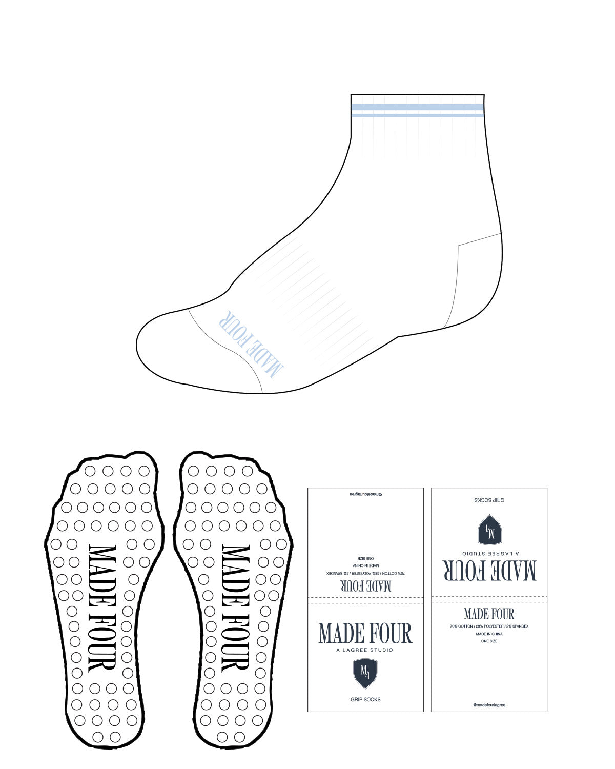 The 1/2 Crew Sock - White - M4Lagree - Tip & Top Border - Transparent Circle Grip - (BED3EA) Logo