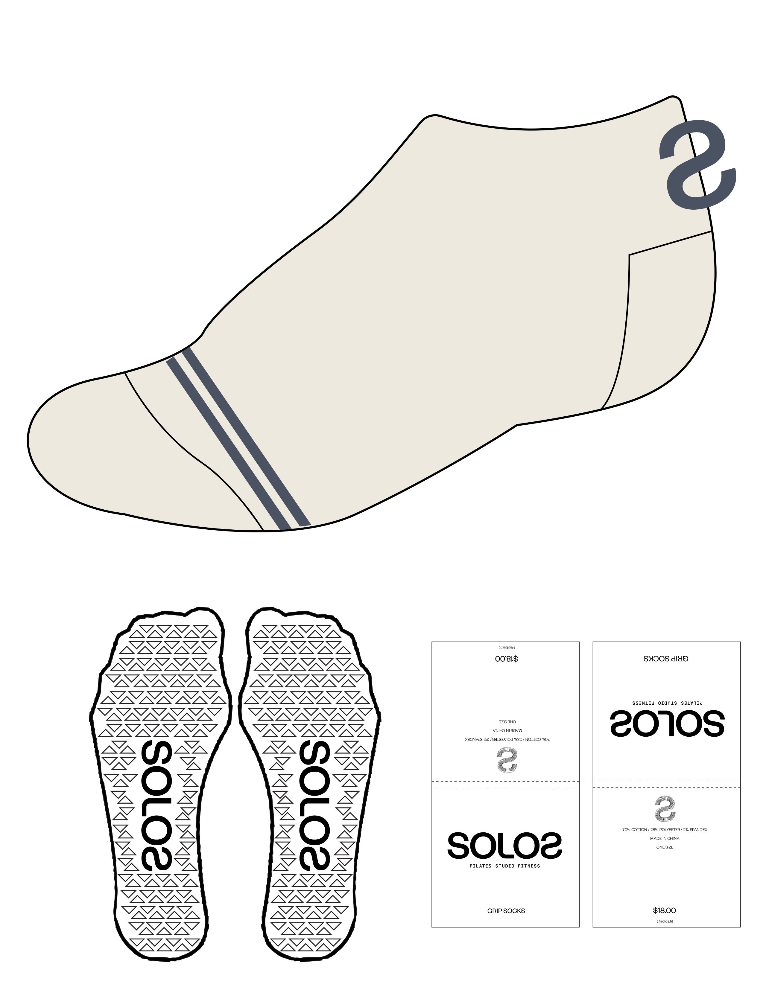 The Ankle  Sock  - Off White - Solos Pilates-  Top & Bottom Border - Dark Blue - Triangle Grip - Transparent