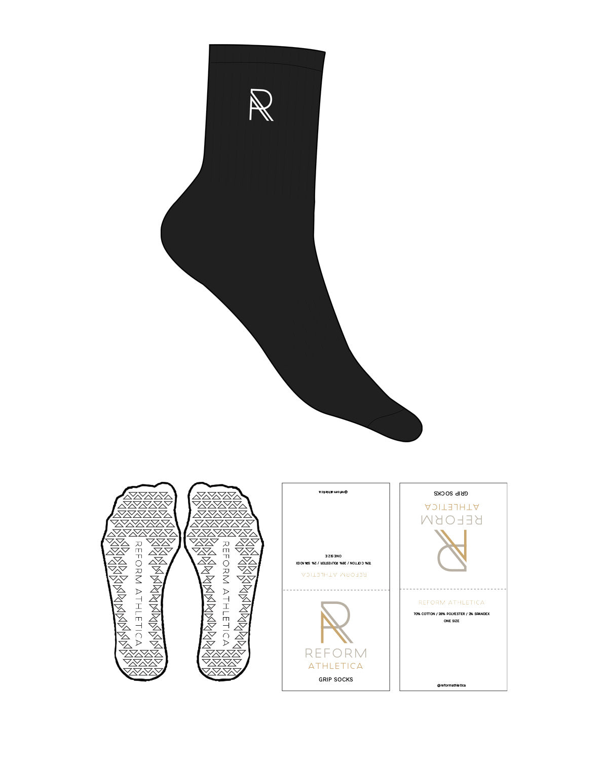 The 3/4 Crew Sock - Black - Reform Athletica - Ankle "R" - Embroidered - White - Triangle Shape Grip - White