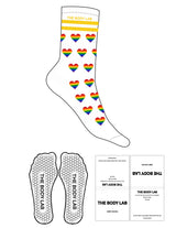 The Crew Sock - White - Body Lab - 2 Stripes - Logo Over Stripes - Printed - Yellow - Hearts Full Color Printed - Hexagon Grip - Yellow