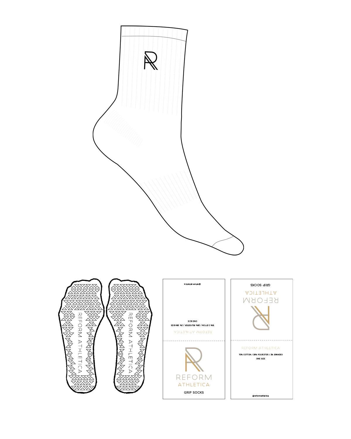 The 3/4 Crew Sock - White - Reform Athletica - Ankle "R" - Embroidered - Black - Triangle Shape Grip - Black