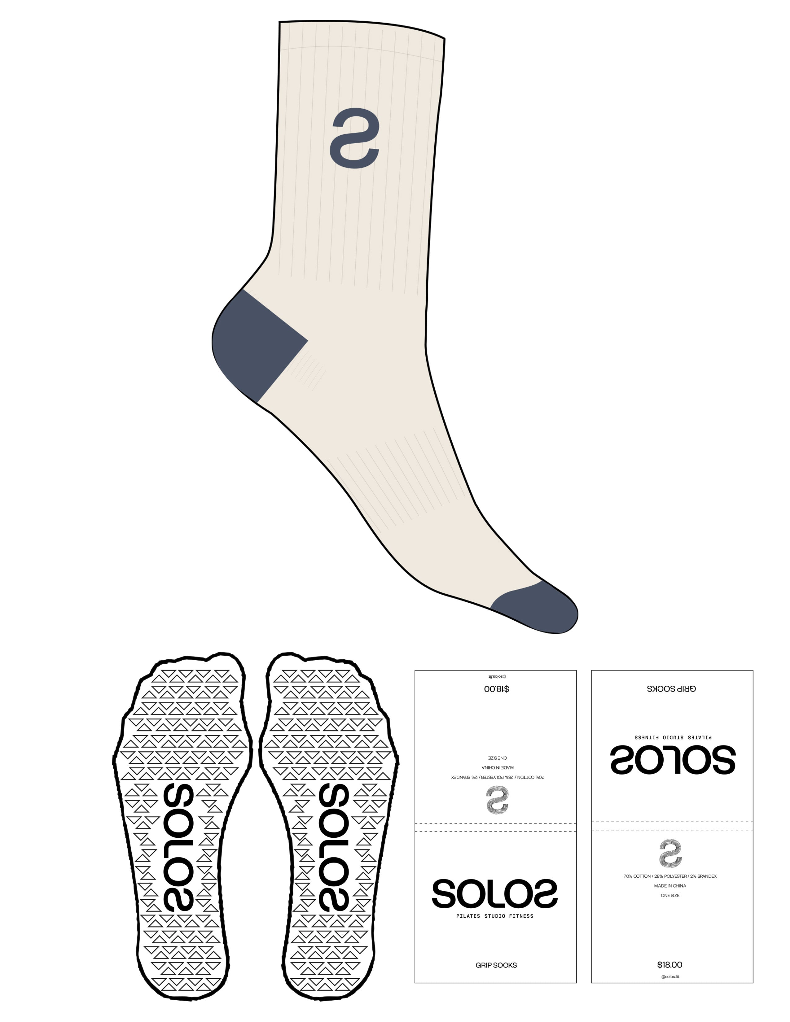 The 3/4 Crew Sock - Off White - Top Logo Inverted "S" - Navy - Triangle Shape Grip - Translucent