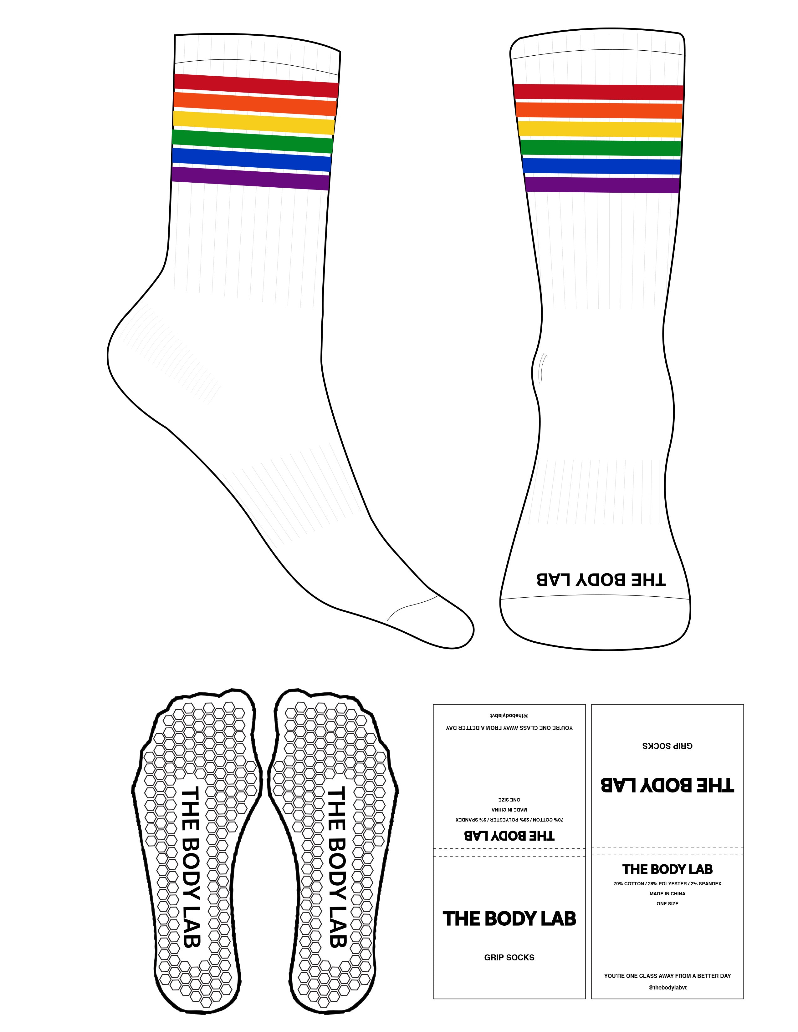 The Crew Sock - White - Body Lab - Multiple Stripes Printed Full Color - Toe Logo - Printed - Black - Hexagon Grip - Black