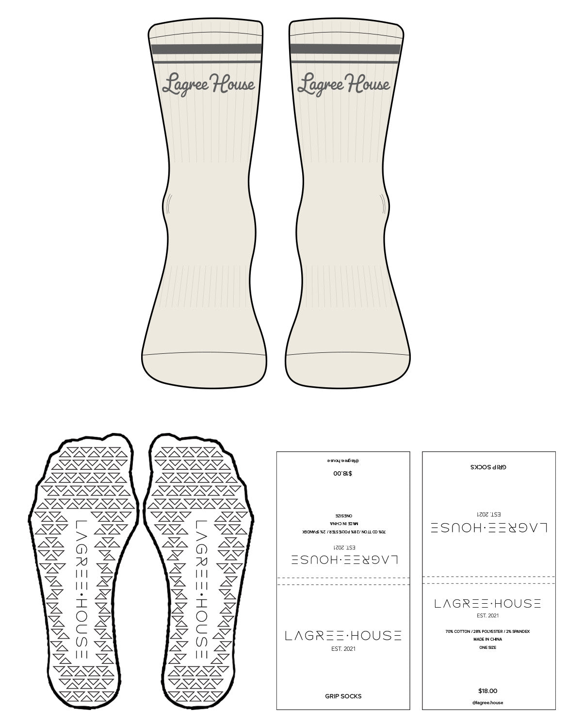 The 3/4 Crew Sock - Off White - Lagree House - 2 Strips - Top Logo - Charcoal - Triangle Shape Grip - Transparent
