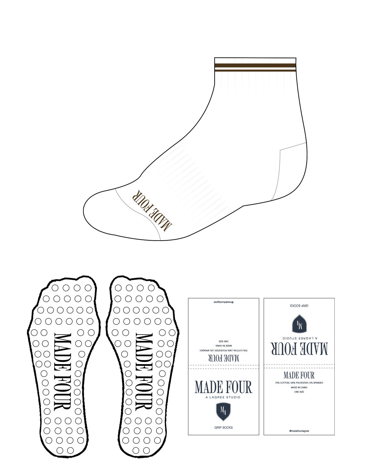 The 1/2 Crew Sock - White - M4Lagree - Tip & Top Border - Transparent Circle Grip - Brown