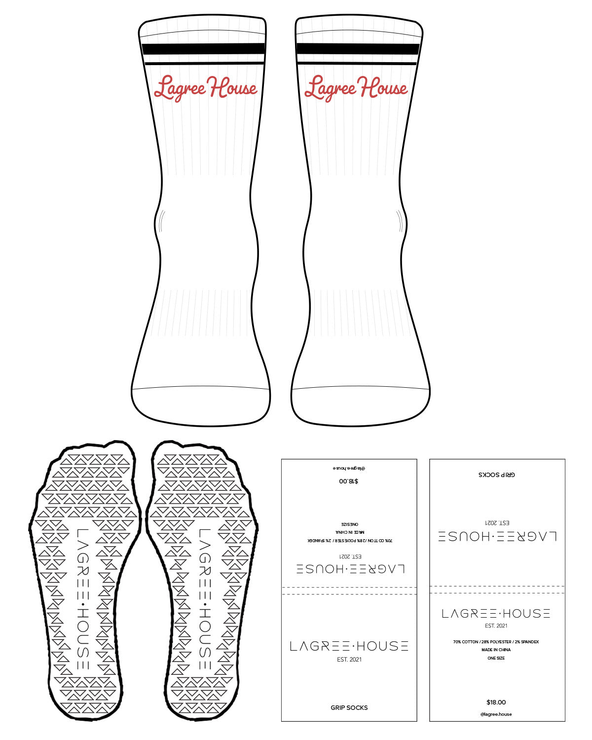 The 3/4 Crew Sock - White - Lagree House - 2 Strips - Top Logo - Full Color - Triangle Shape Grip - Black