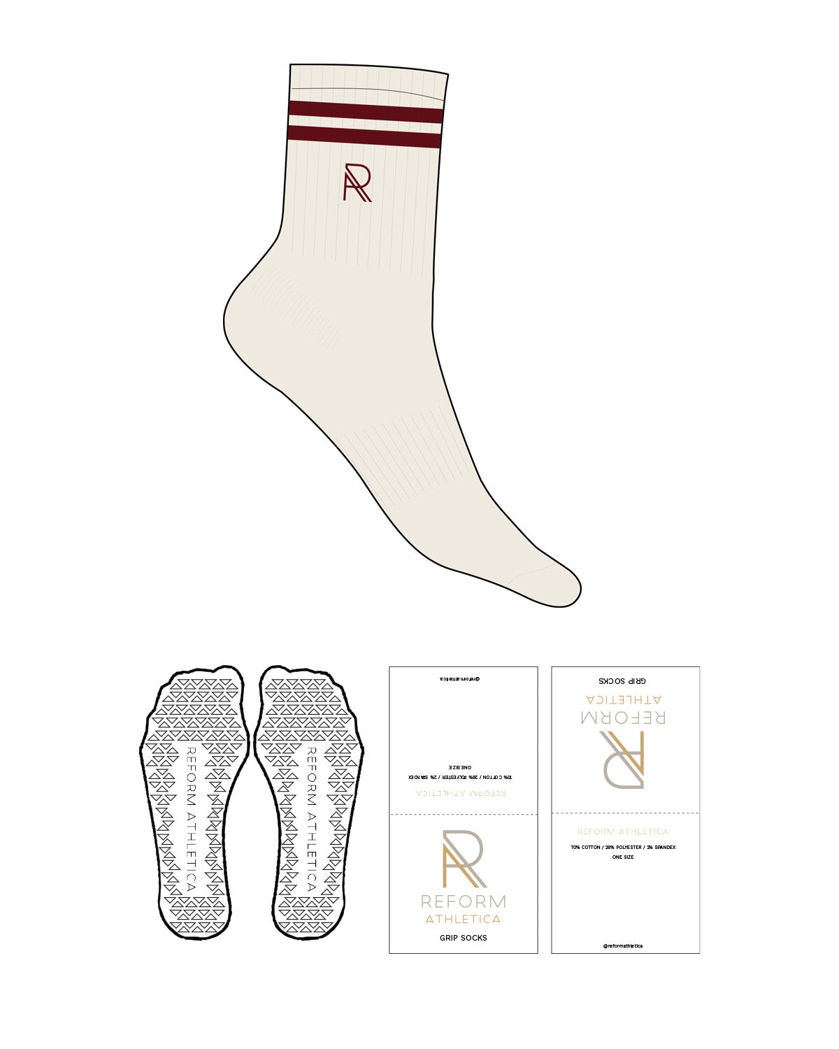The 3/4 Crew Sock - Off White - Reform Athletica - Ankle "R" -  2 Lines Top - Embroidered - Maroon - Triangle Shape Grip - Transparent
