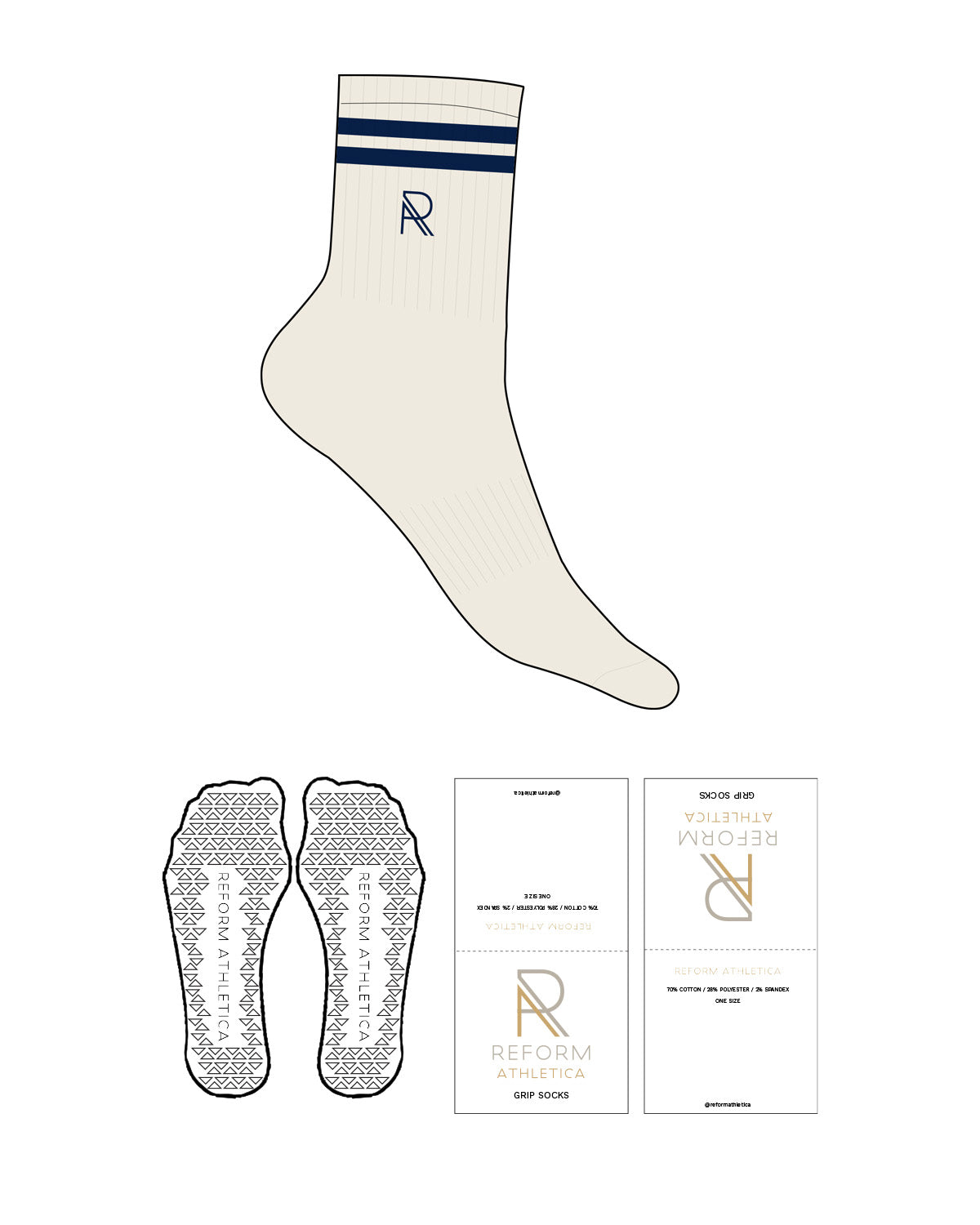 The 3/4 Crew Sock - Off White - Reform Athletica - Ankle "R" -  2 Lines Top - Embroidered - Navy - Triangle Shape Grip - Transparent