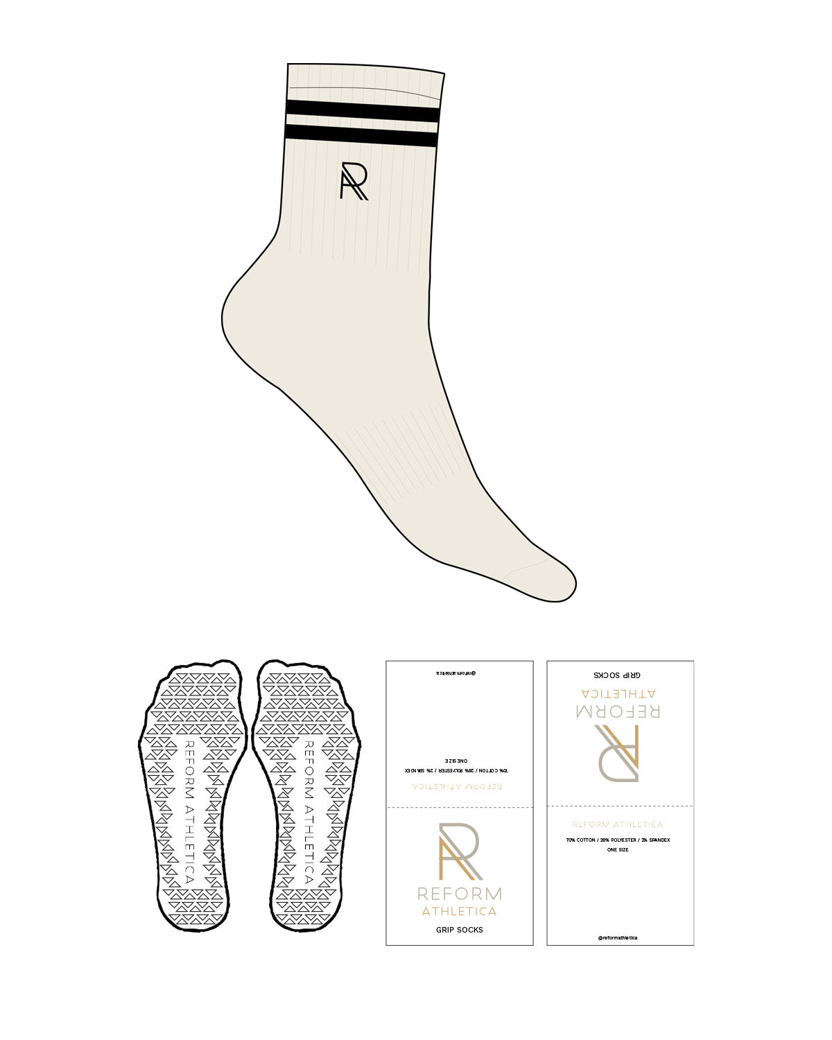 The 3/4 Crew Sock - Off White - Reform Athletica - Ankle "R" -  2 Lines Top - Embroidered - Black - Triangle Shape Grip - Transparent
