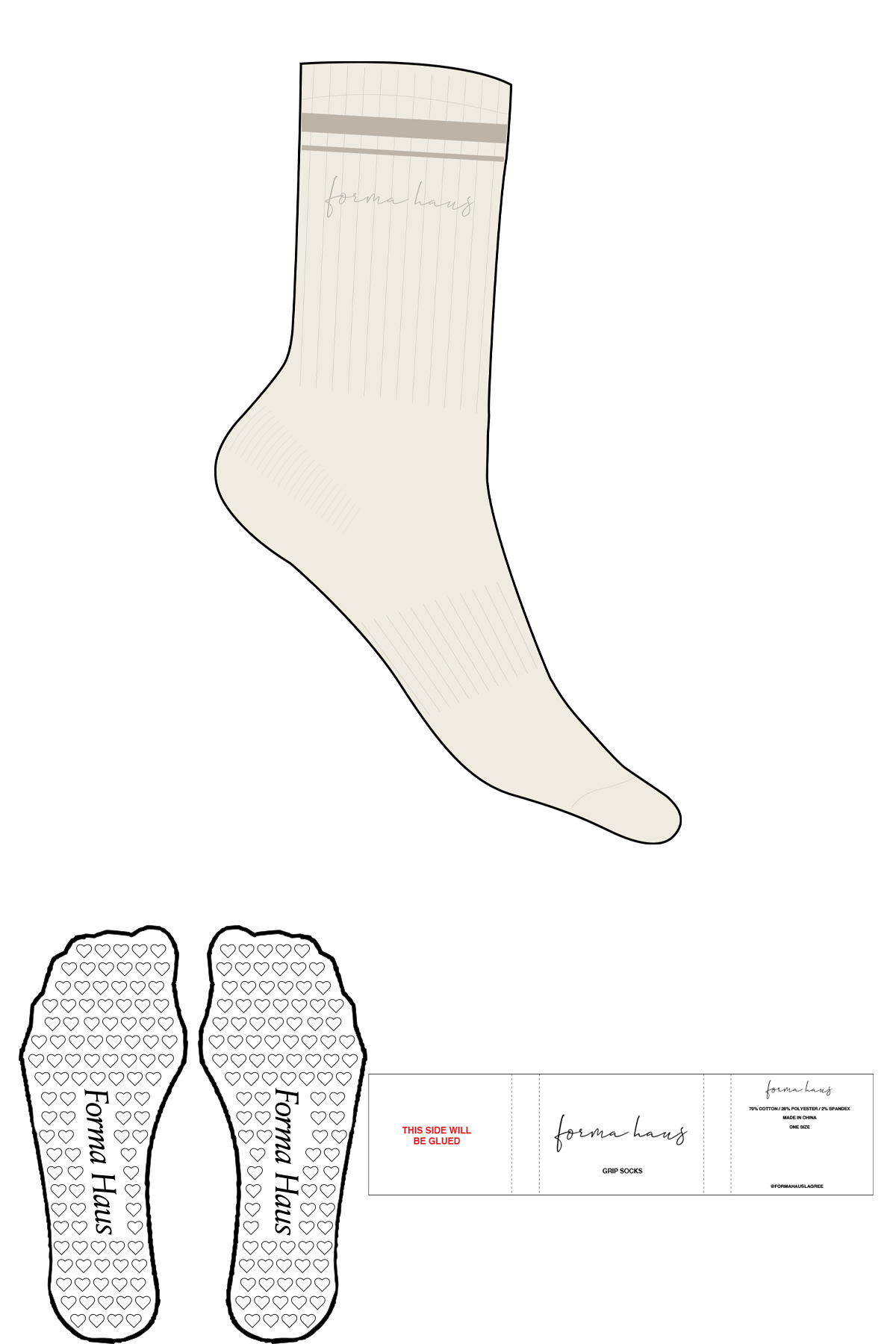 The Crew Sock - Off White - Forma Haus - 2 Stripes Printed - Top Logo - Embroidered - Tan - Heart Grip - Transparent