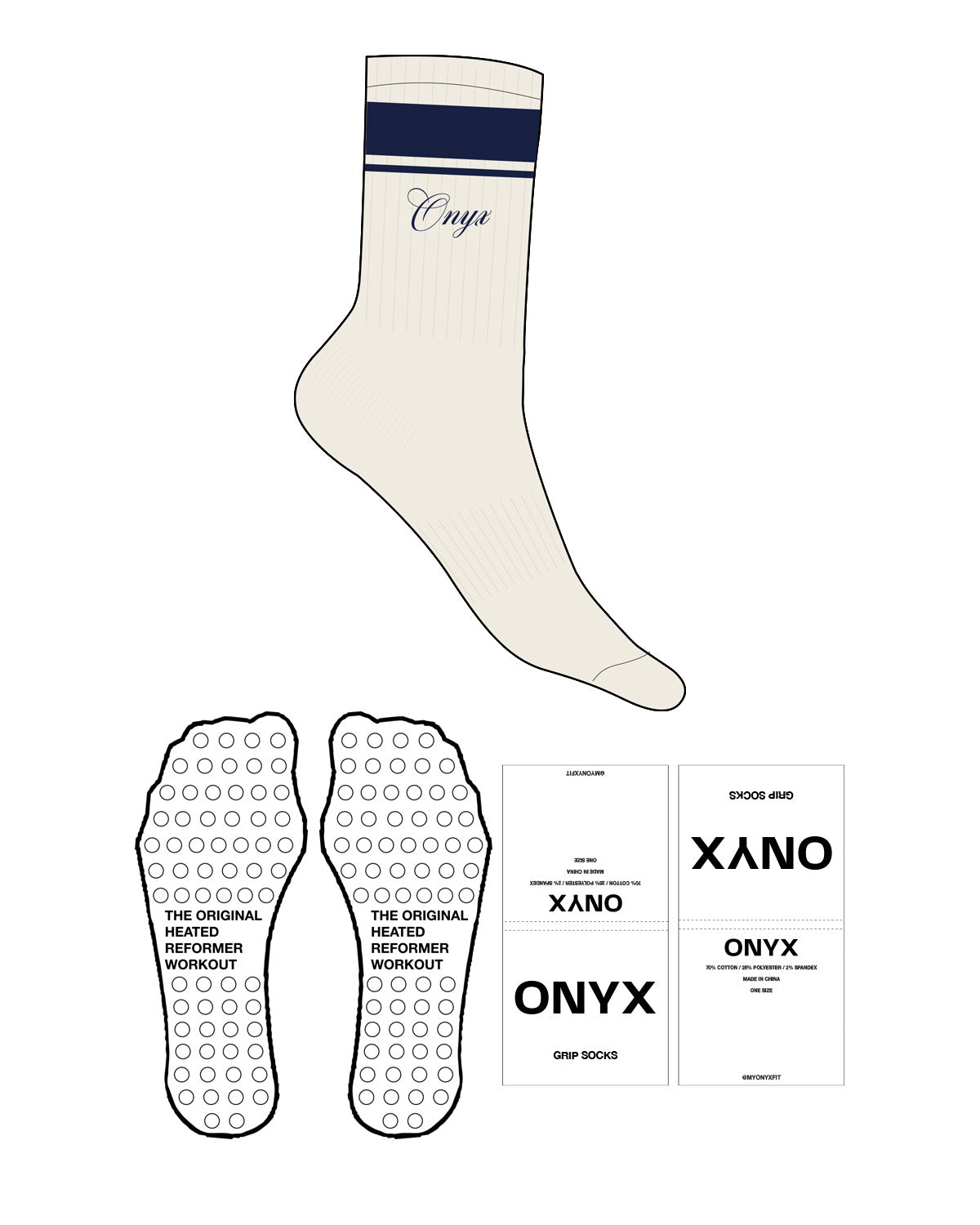 The Crew Sock - Off White - Onyx Fit - 2 Strips - Top Logo - Embroidered - Navy - Circle Shape Grip - Navy