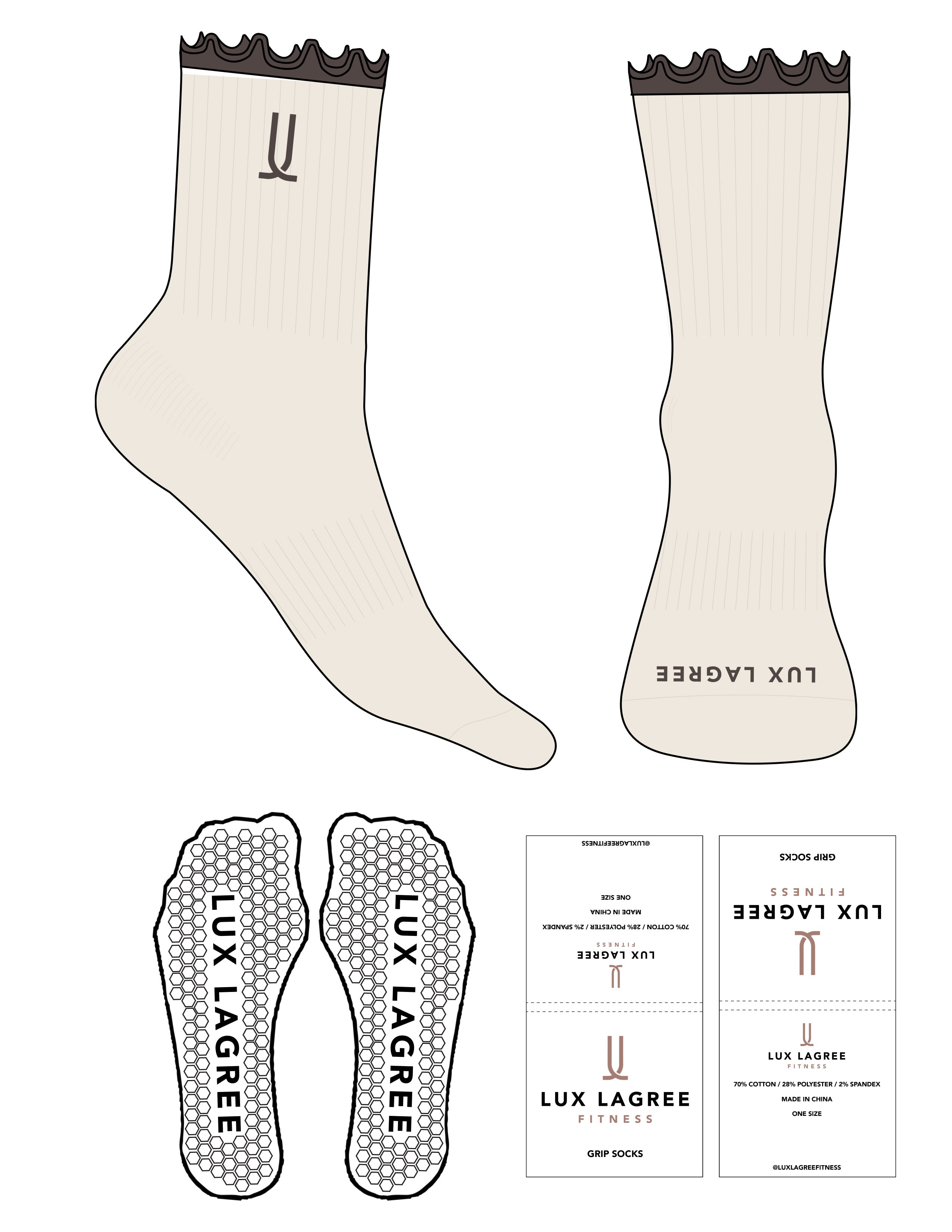The 3/4 Frill Sock - Off White - Lux Lagree - Top Embroidered - Toe & Frill Printed - Brown - Hexagon Grip - Transparent