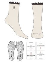 The 3/4 Frill Sock - Off White - Lux Lagree - Top Embroidered - Toe & Frill Printed - Brown - Hexagon Grip - Transparent
