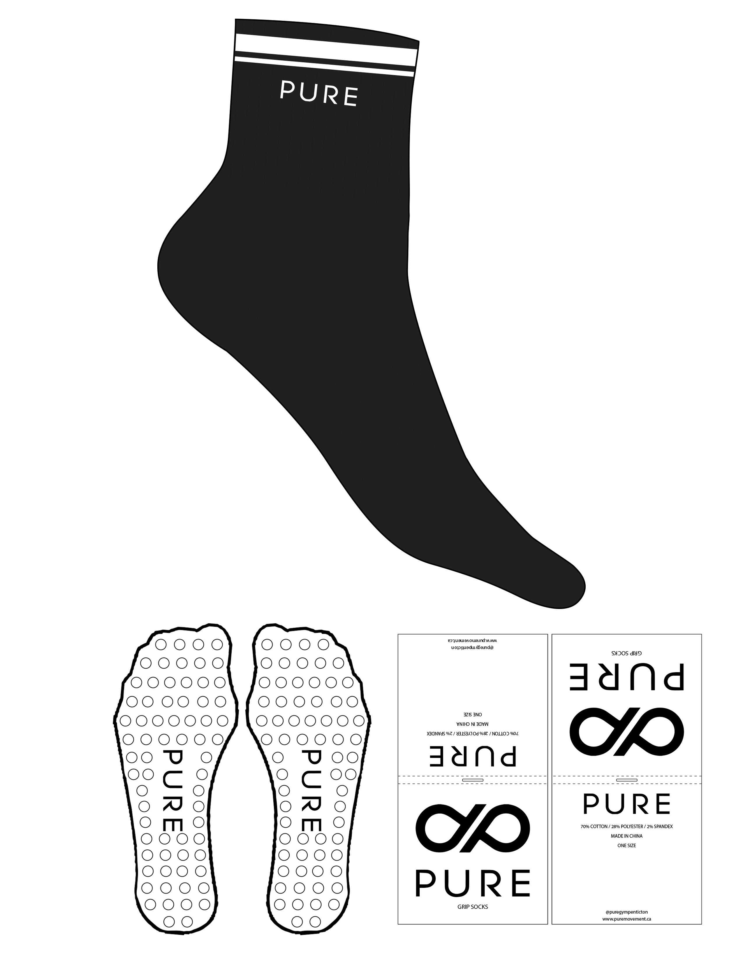 The 1/2 Crew Sock - Black - 2 Stripes - Top Logo "PURE" - White - Circle Grip - White