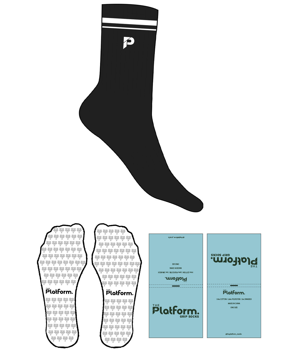 The Crew Sock - Black - The Platform Studio - Top Logo - Embroidered - 2 Stripes - Printed - White - Palm Tree - White