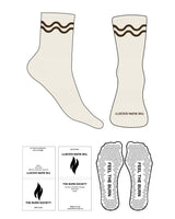 The 3/4 Crew Sock - Off White L118 - The Burn Society - Top Wavey Lines - Bottom Toe Text - Chocolate D133 - Triangle Shape Grip - Transparent