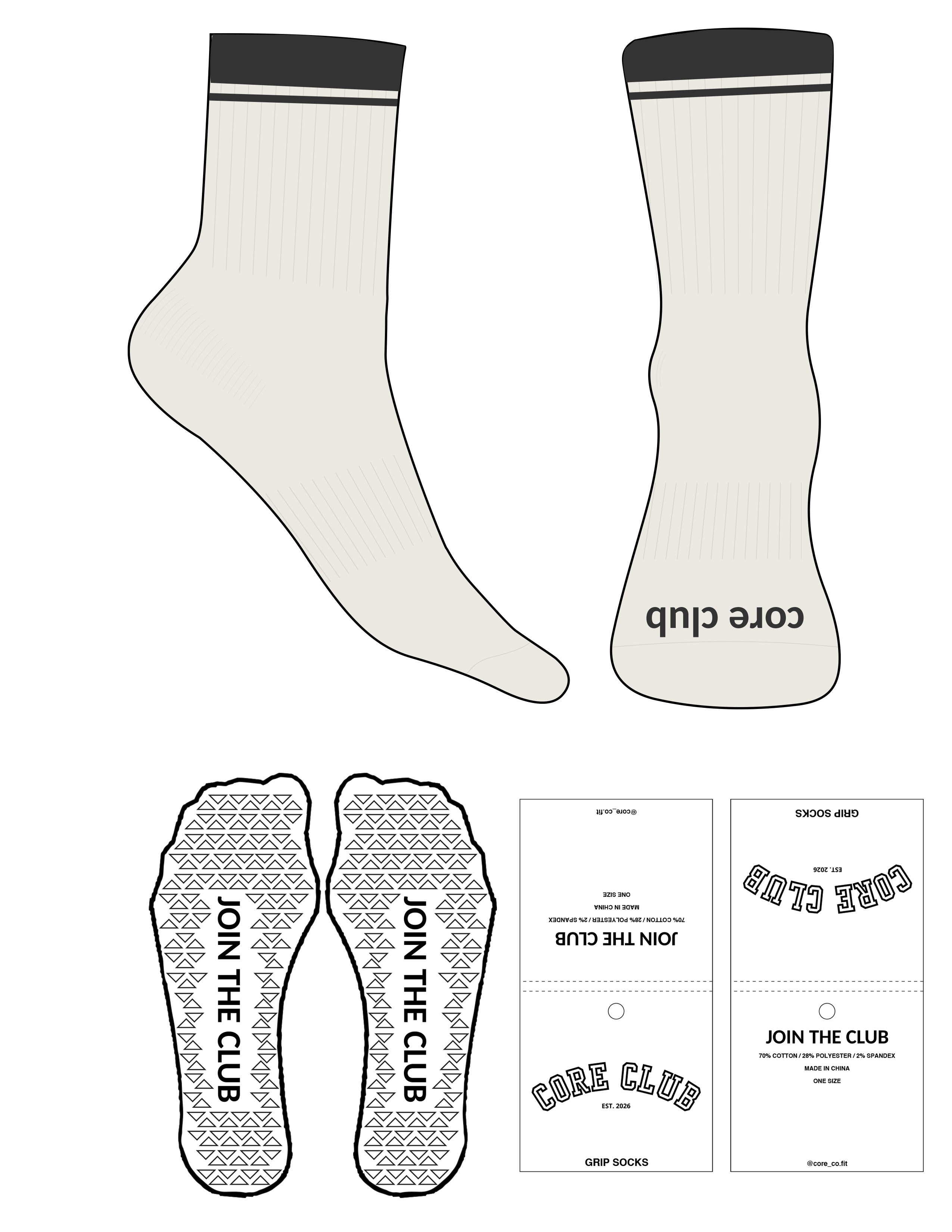 The 1/2 Crew Sock - Off White - Core&Co - 2 Stripes - Toe Logo - Charcoal - Triangle Grip - Translucent