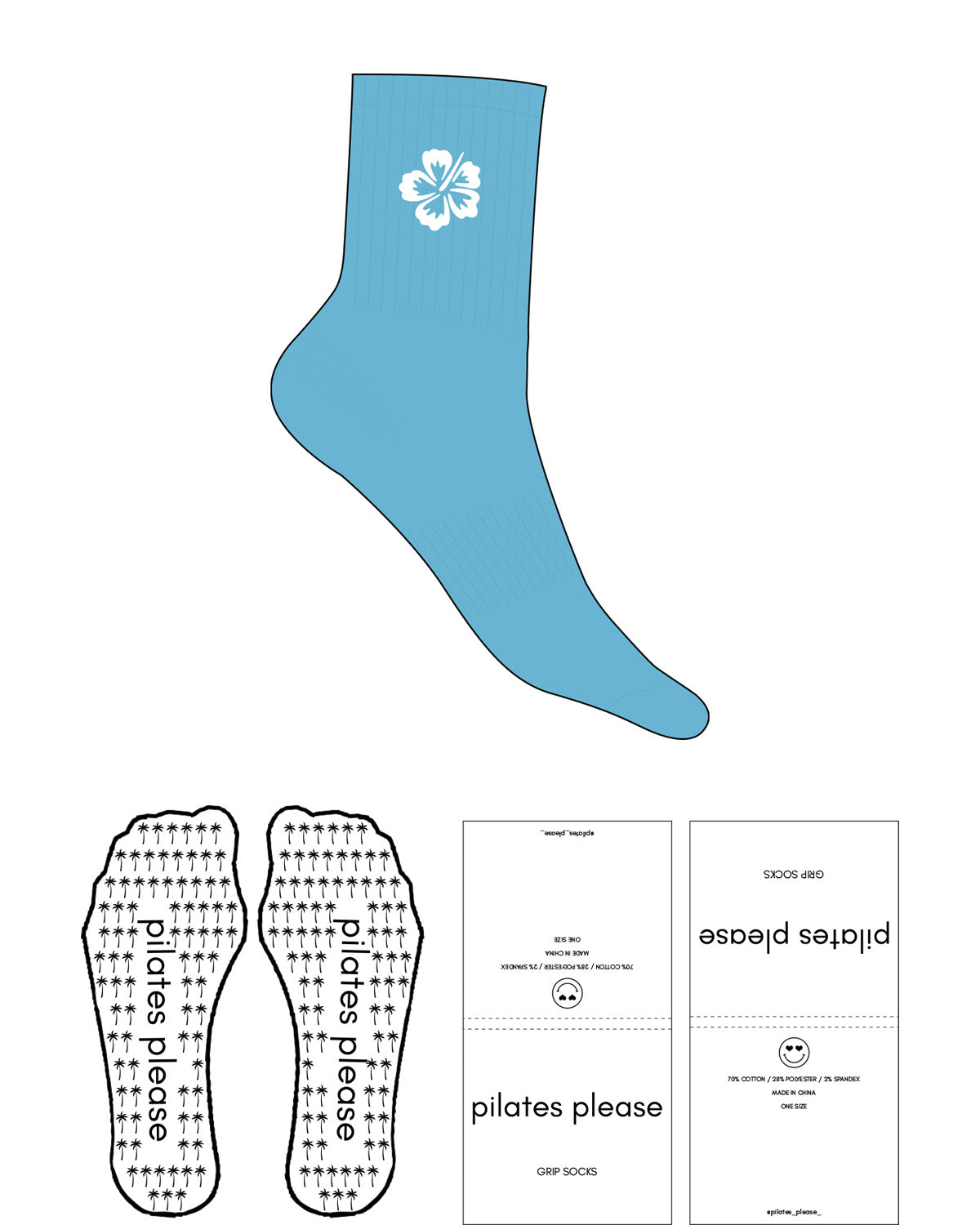 The 3/4 Crew Sock - Blue - M43 - Pilates by Nix - Top Flower - White - Palm Tree Shape Grip - White