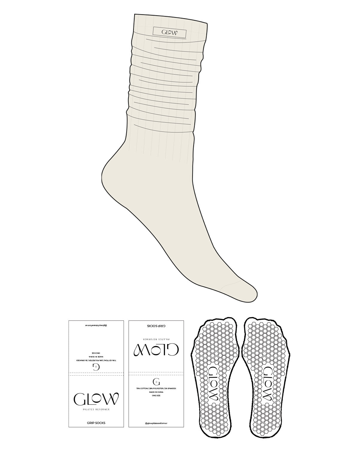 The Slouch Sock - Off White - GlowPilates - Sewn on Label - Hexagon Shape Grip - Transparent