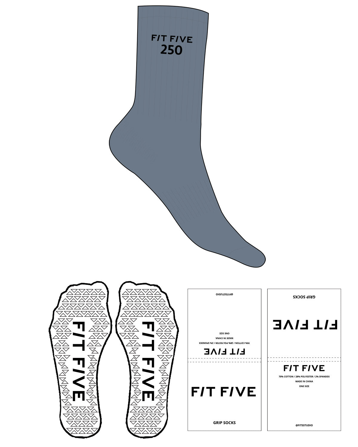 The Crew Sock - Slate Blue - Fit 5 - Top Logo Stacked - Embroidered - Black - Triangle Shape Grip - Transparent