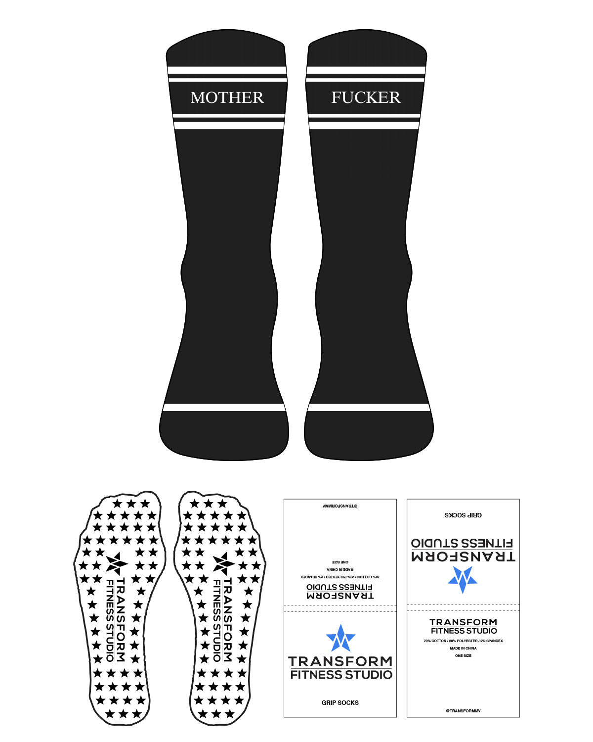 The Crew Sock - Black - Transform MV - 4 Lines - Right Mother - Left Fucker - White - Star Shape Grip - White