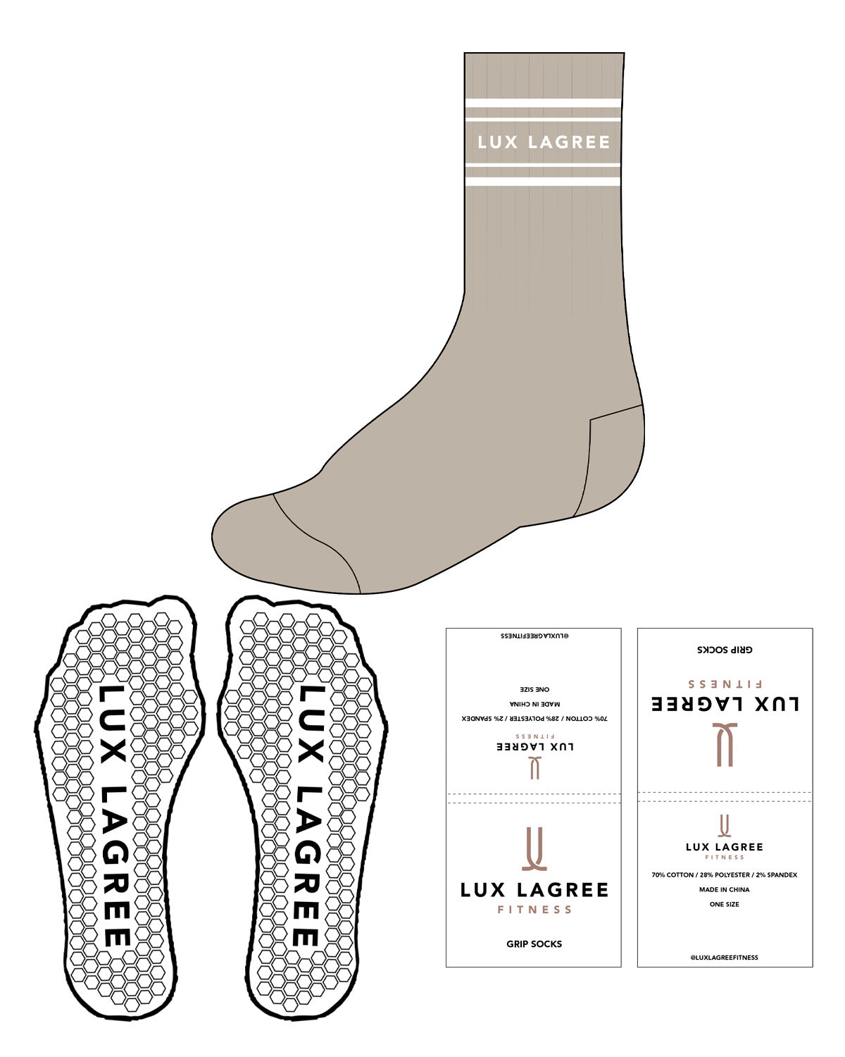 The Crew Sock - Tan - Lux Lagree - 4 Lines - Text In Between - White - Hexagon Shape Grip - Transparent