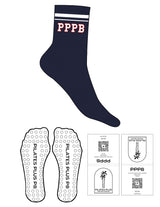 The 3/4 Crew Stripe Sock - Navy - Pilates Plus PB - White Stripes - Top Logo - Printed-  Full Color - Circle Grip - White