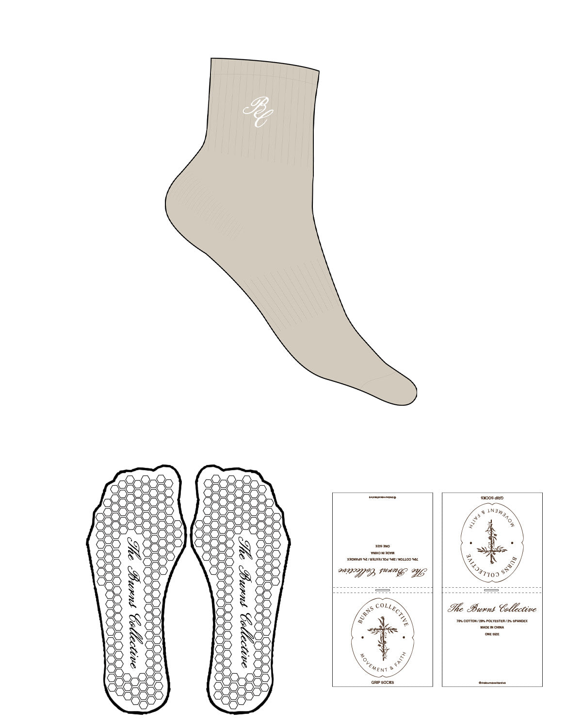 The 1/2 Crew Sock - Sand - Burns Collective - Top Logo - Embroidered - White - Hexagon Grip - Transparent