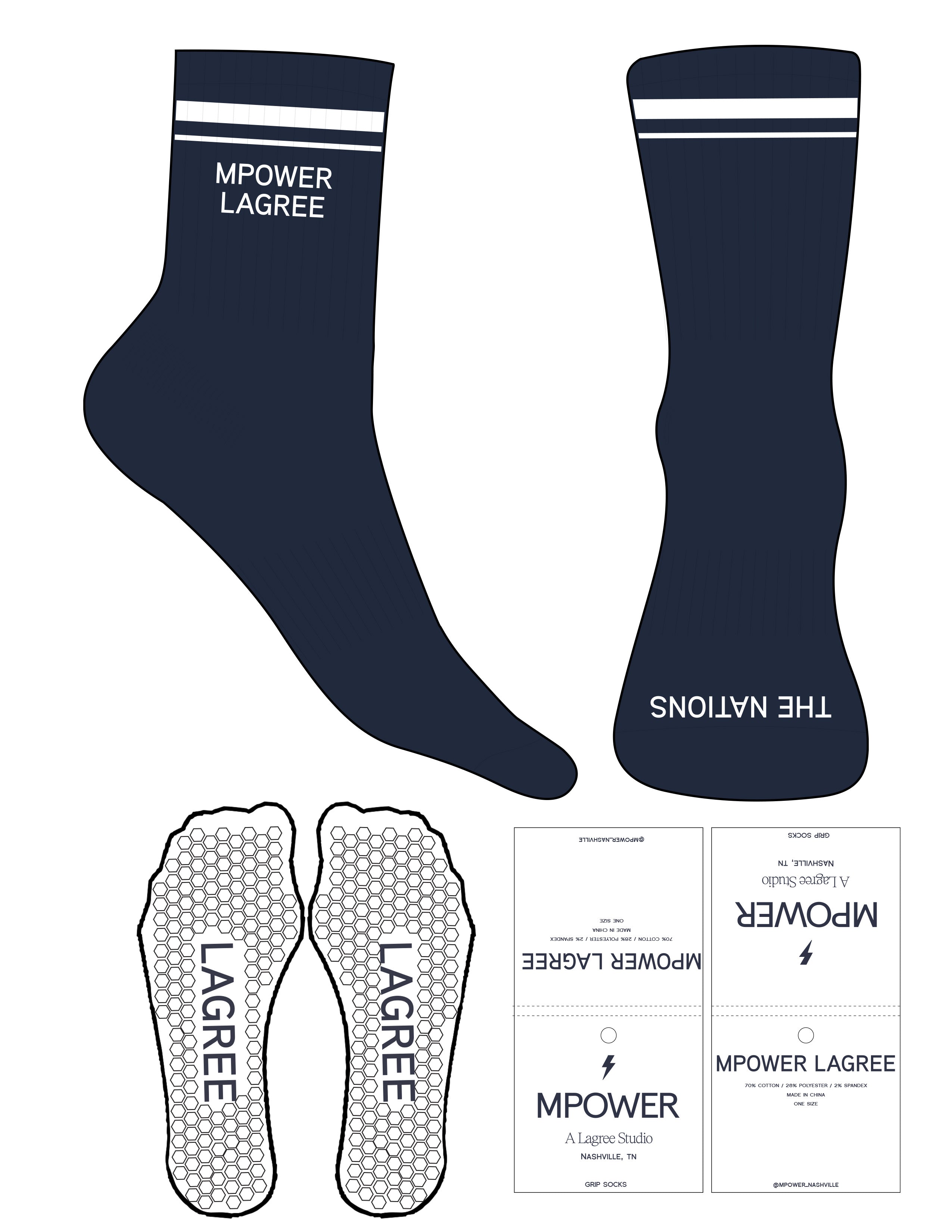 The 3/4 Crew Sock - Navy Blue - MPOWER - Top Logo Embroidered - 2 Stripes & Toe Logo - White - Hexagon Grip - White