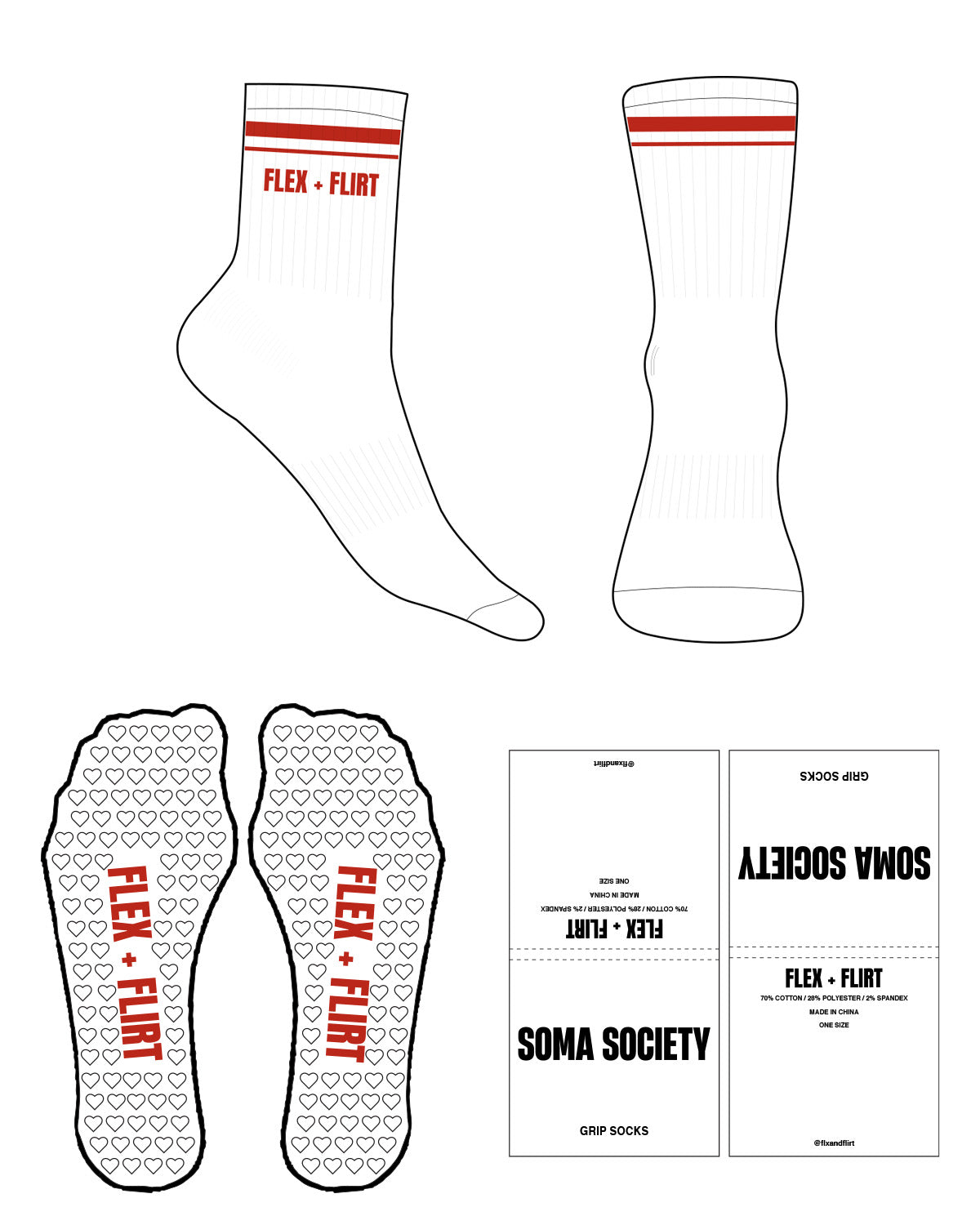 The 3/4 Crew Sock - White - Flex & Flirt - 2 Lines - Text  - Red - Heart Shape Grip - Red