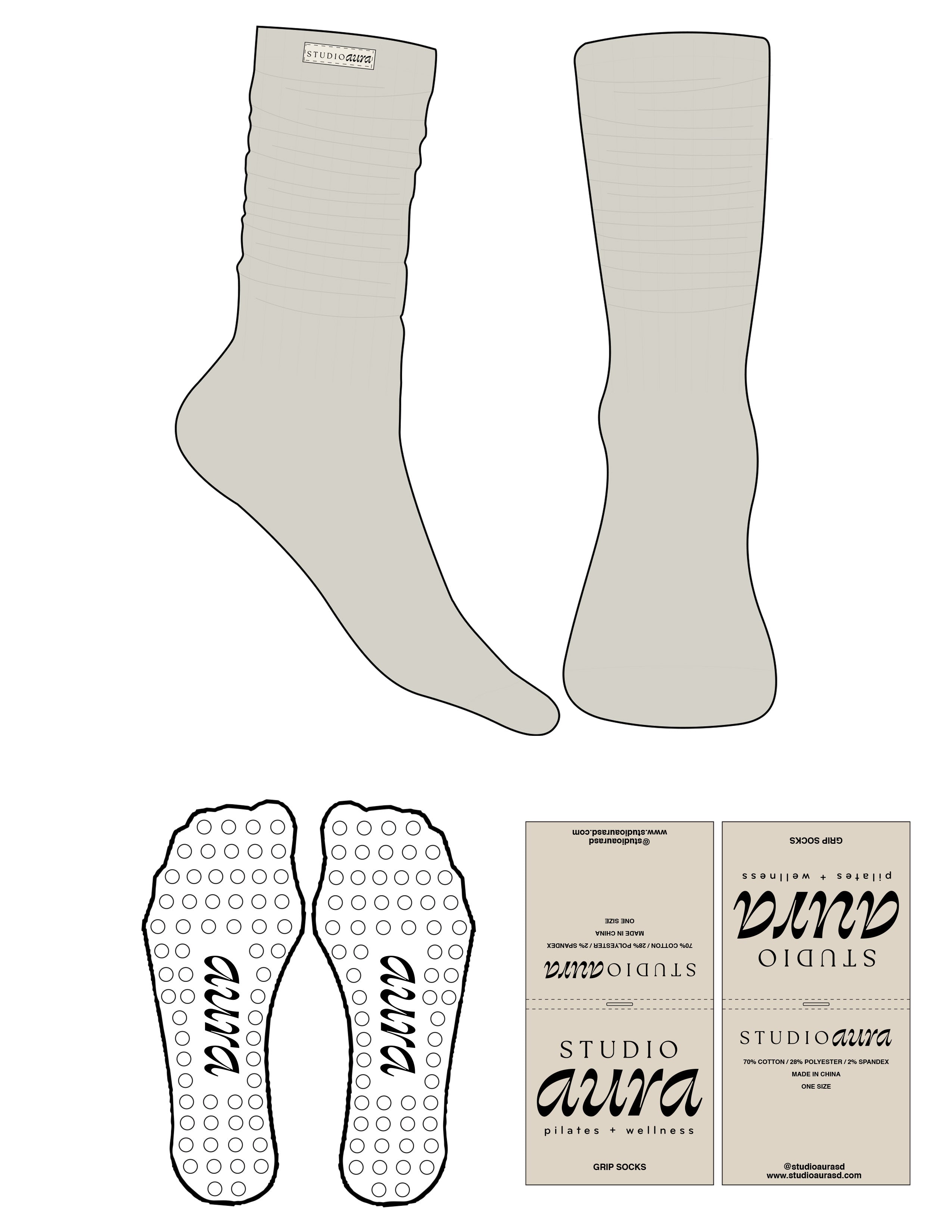 The Slouch Sock - Milk - Studio Aura - Fully Sewn on Tag - Black Writing - Circle Grip - Transparent