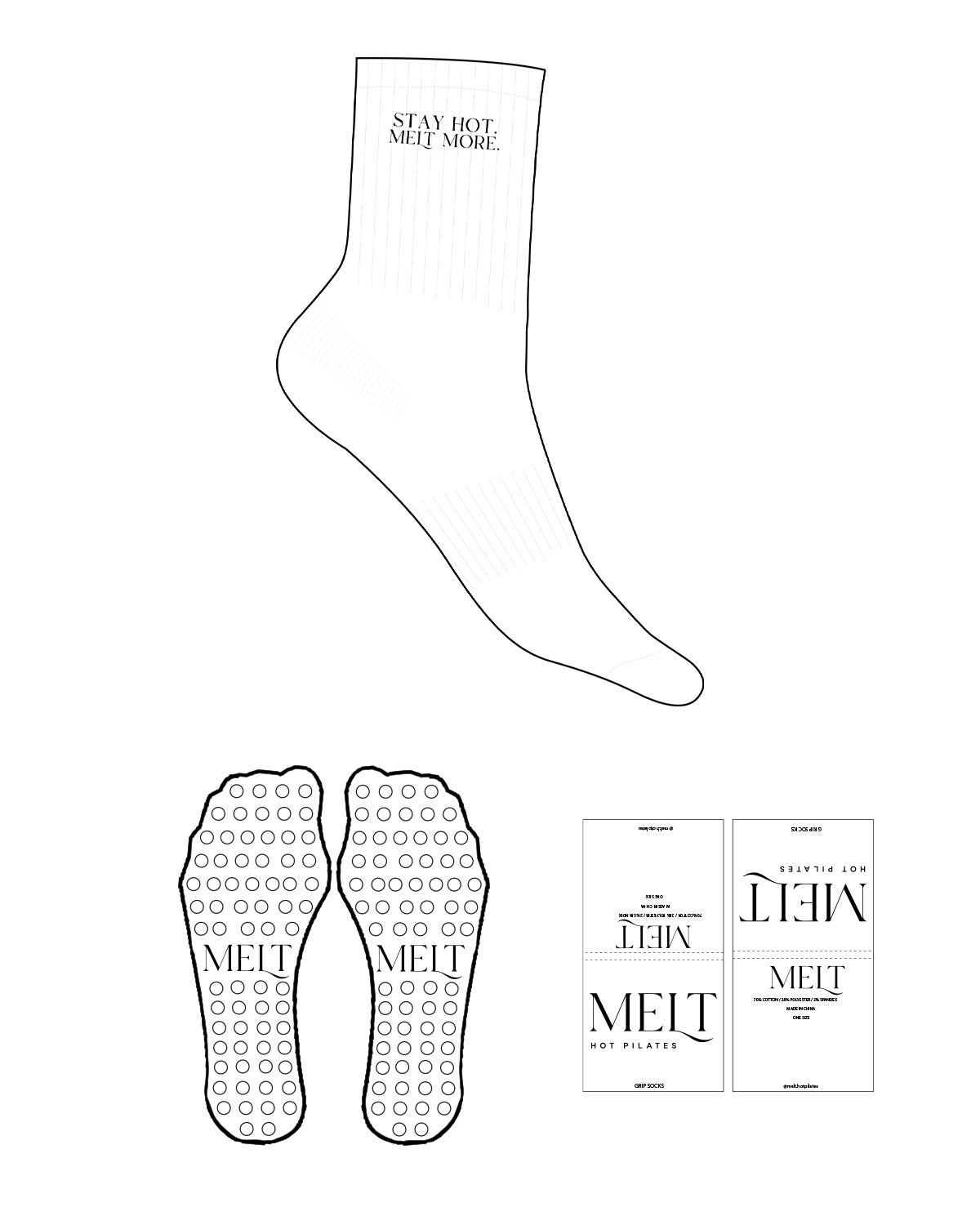 The 3/4 Crew Sock - White - Melt Hot Pilates - "Stay Hot" - Embroidered - Black - Circle Grip - Black