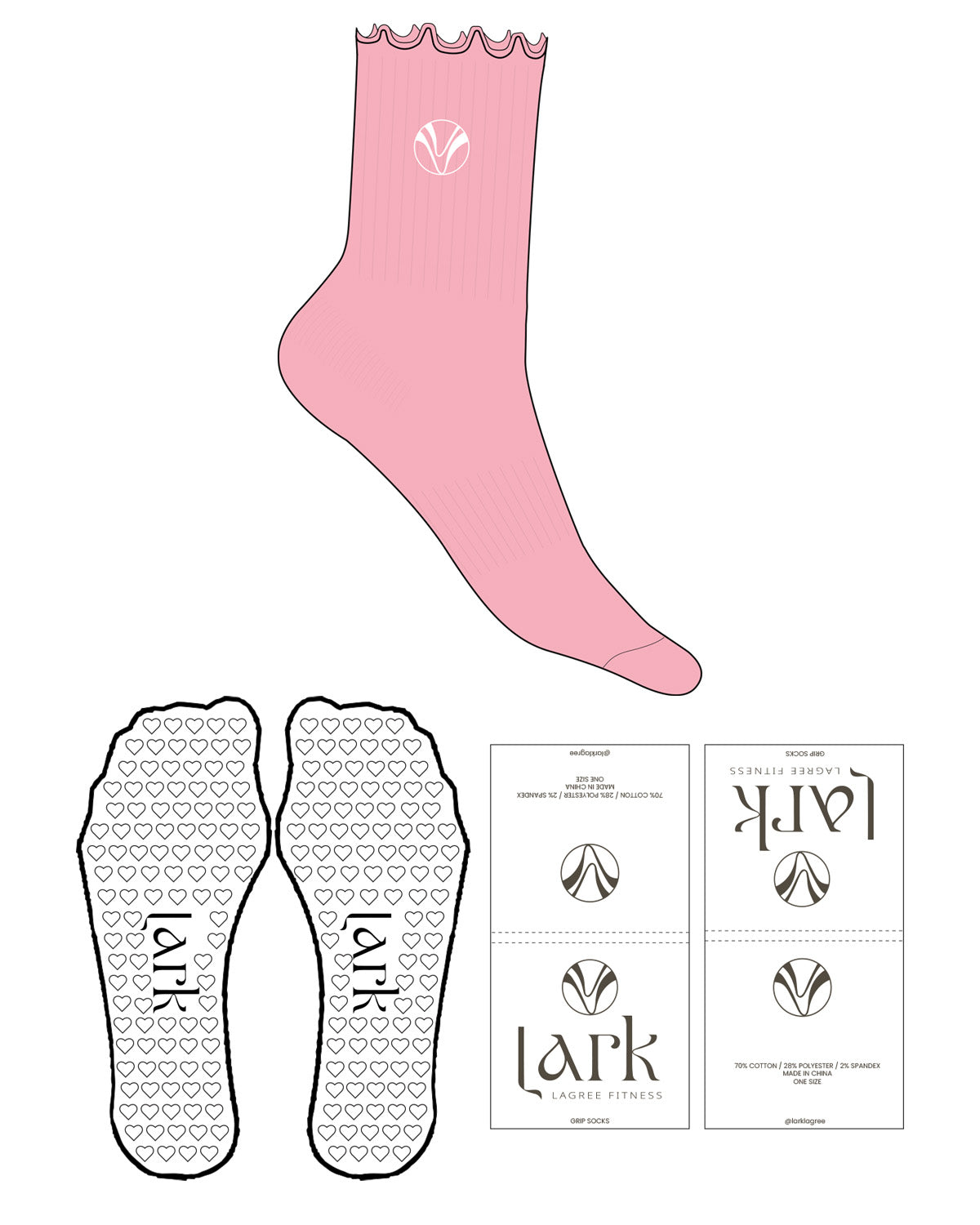 The 3/4 Crew Sock - Candy Pink - Pure Movement LARK - Ankle Logo - Embroidered - White - Heart Grip - Transparent