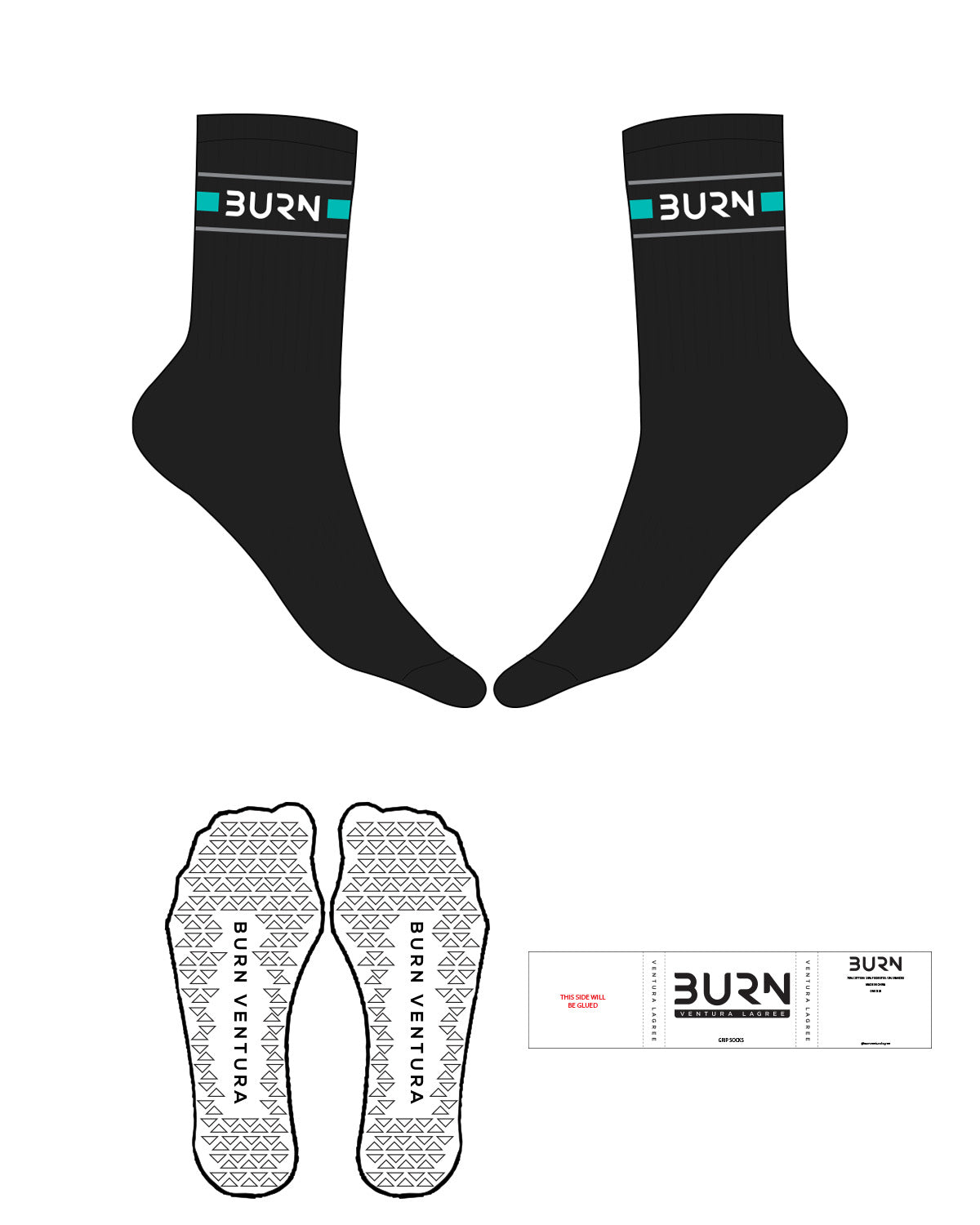 The Crew Sock - Black - Burn Ventura - Top Left & Right Side - Full Color - Triangle Grip - Teal