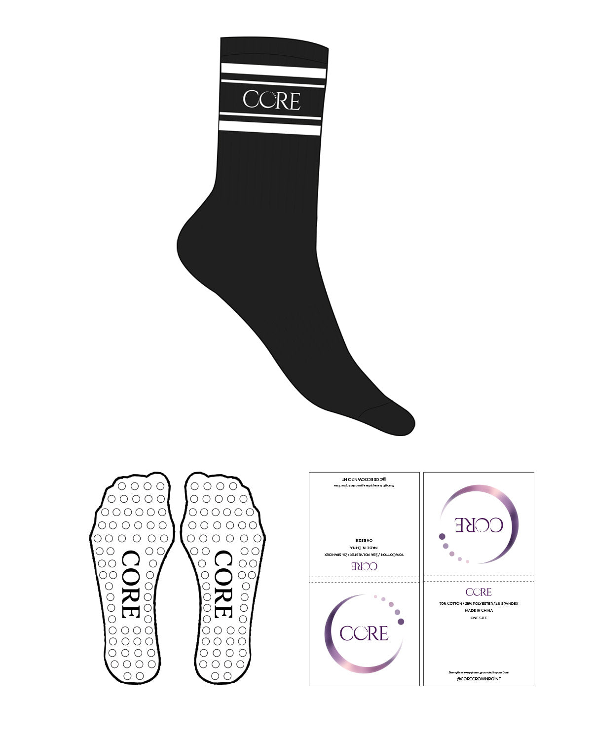 The Crew Sock - Black - Core Crown Point - 4 Strips - Top Logo - White - Circle Shape Grip - White