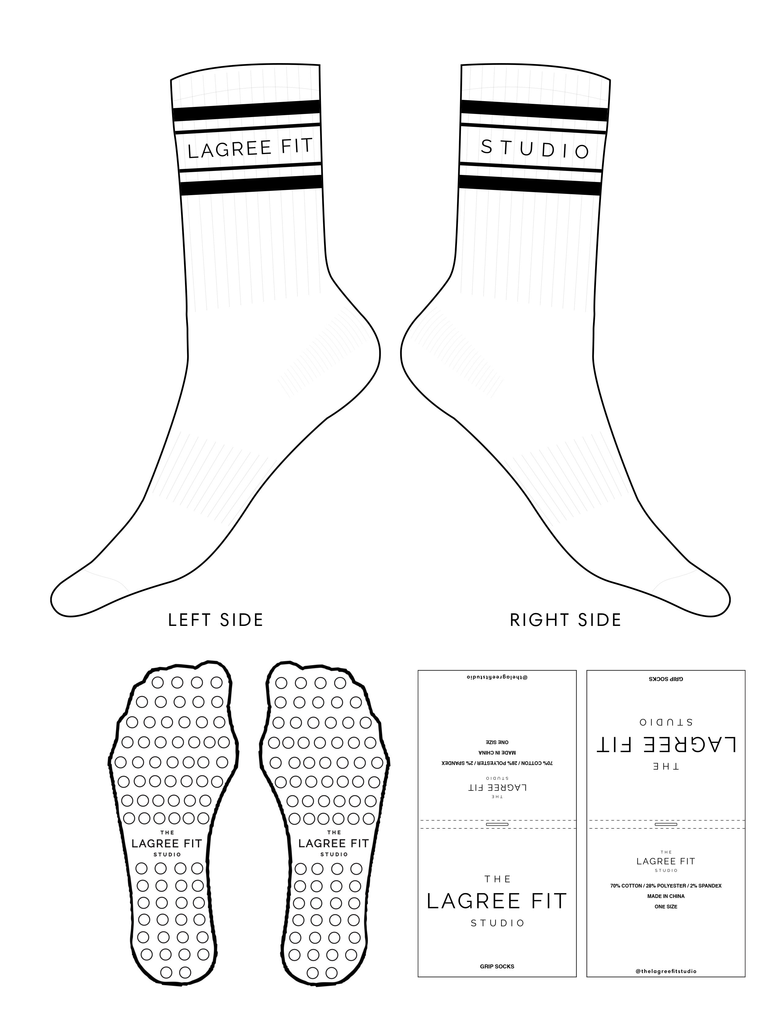 The Crew Sock - White - Lagree Fit Studio - 4 Stripes - Top Logo Left & Right Side - Printed - Black - Circle Grip - Transparent
