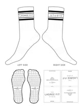 The Crew Sock - White - Lagree Fit Studio - 4 Stripes - Top Logo Left & Right Side - Printed - Black - Circle Grip - Transparent