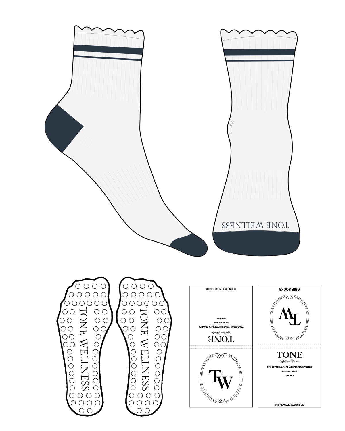The 1/2 Crew Sock - Heather - Tone Wellness Studio - 2 Strips - Toe Logo - Navy - Circle Grip - Navy