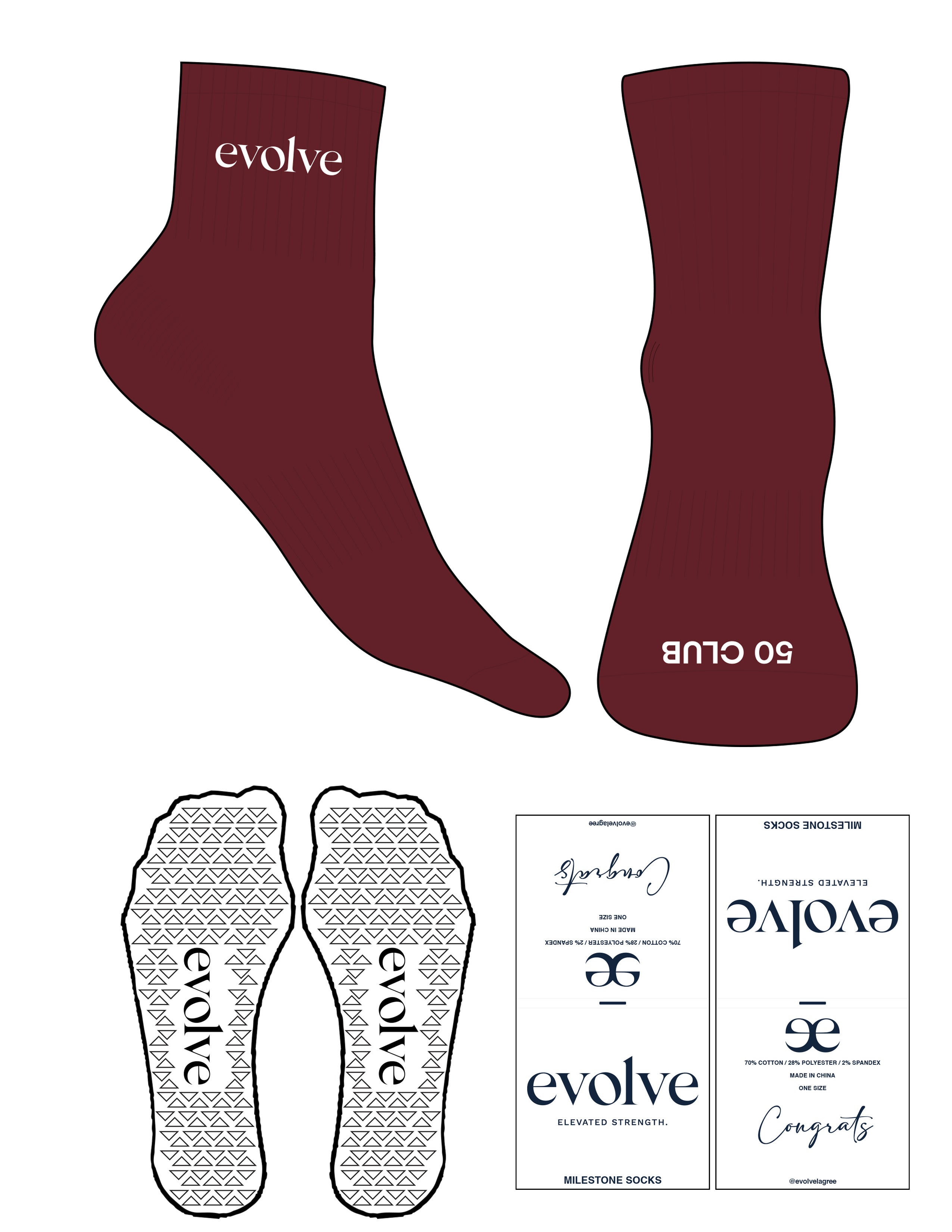 The 1/2 Crew Sock - Oxblood - Evolve Lagree - Top Embroidered - Toe Logo - White - Triangle Grip - White